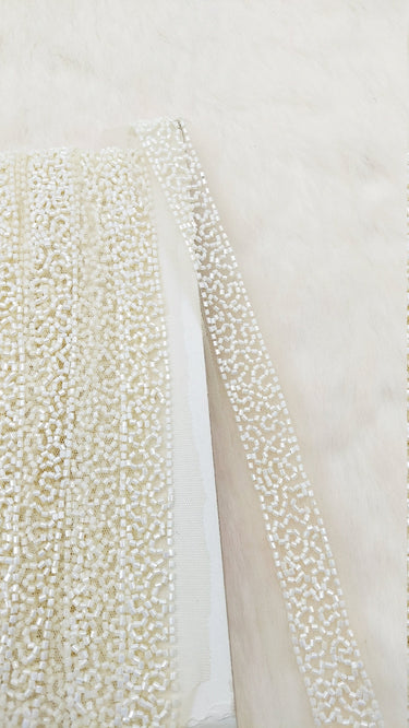 White Wedding Net Bridal Trim In White Beaded Embroidery, Hand Embroidered Bead Lace, Embroidered Lace